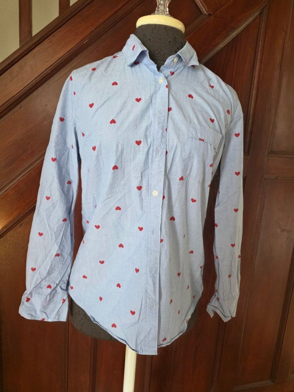 J.Crew Womens Light Blue Button-Up Shirt Red Heart Print Long Sleeves Size MP
